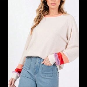 Women's Cream Colorblock Sweatshirt with Red and Purple Accents